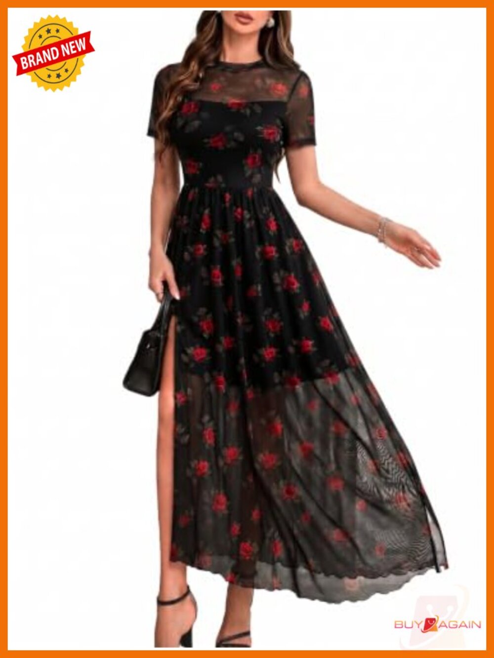 Floral Mesh Short Sleeve Maxi Dress High Slit A-Line Wedding Guest